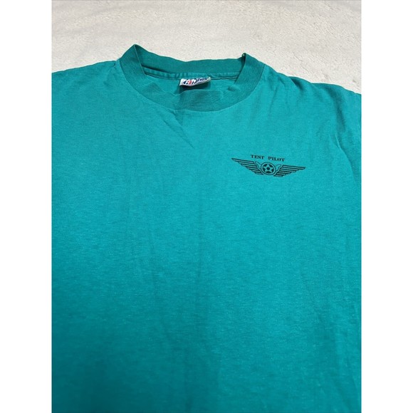 Vtg 90s Air Force Test Pilot Pin Up Girl Teal Single Stitch T-Shirt Size Medium - Picture 2 of 8